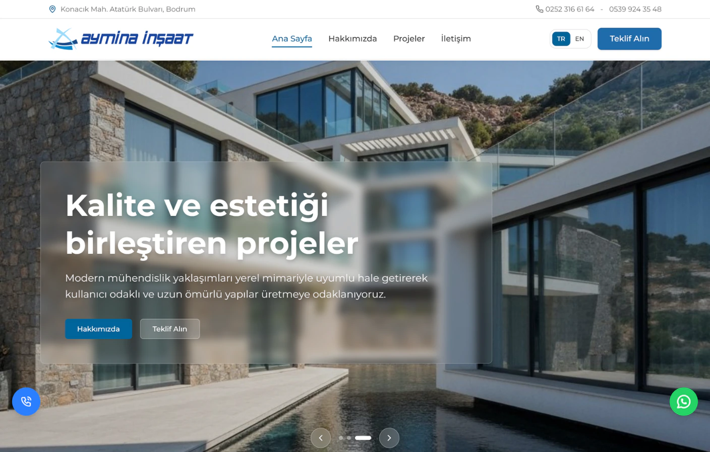 Aymina Insaat web sitesi arayuzu